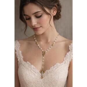 1928 - Symbols Of Faith Crystal Two Rings And Crucifix Medallion Wedding Rosary